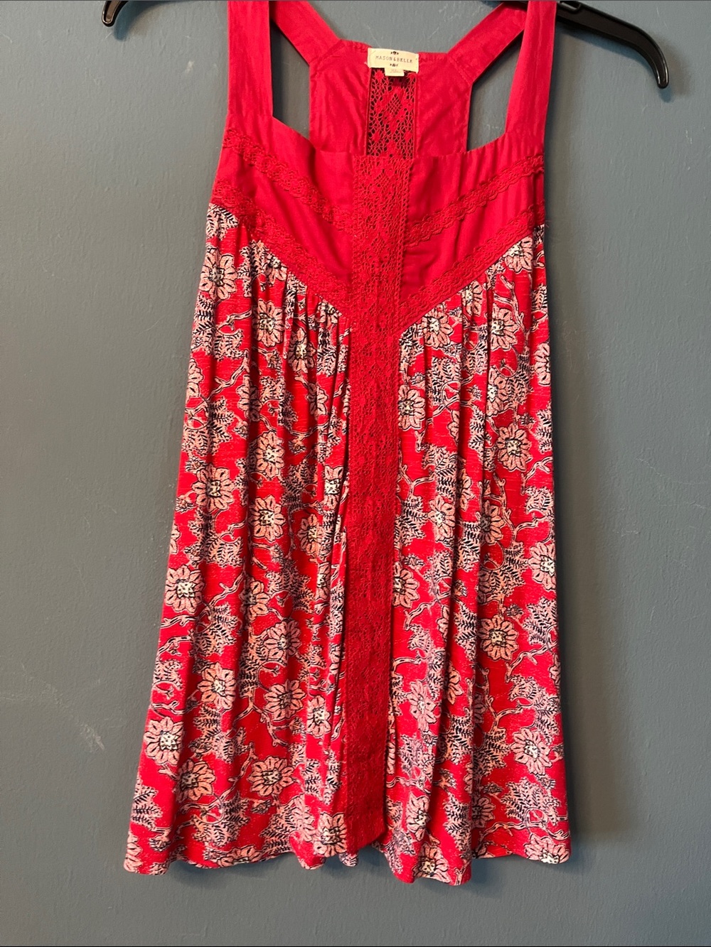 Bright Red Floral A-Line Skirt with Lace Trim